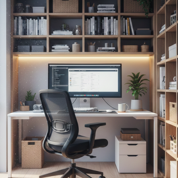 3帖の書斎スペースを最大限に活用した、在宅ワーク用のコンパクトながらも機能的な書斎のイメージイラスト