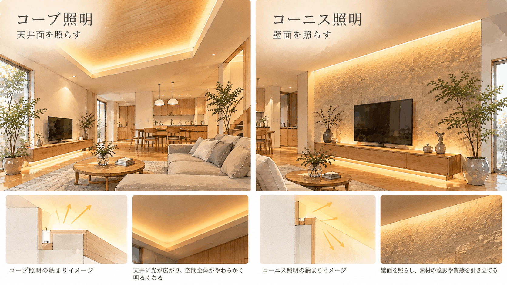 コーブ照明とコーニス照明の比較